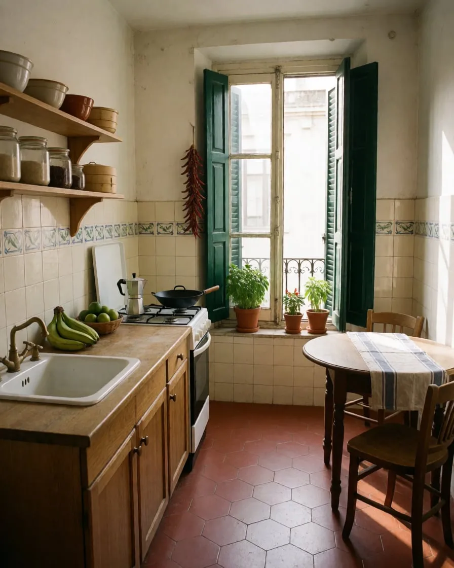 La pequeña cocina de Pikul: contraventanas verdes, baldosas de barro y una mesa redonda de madera