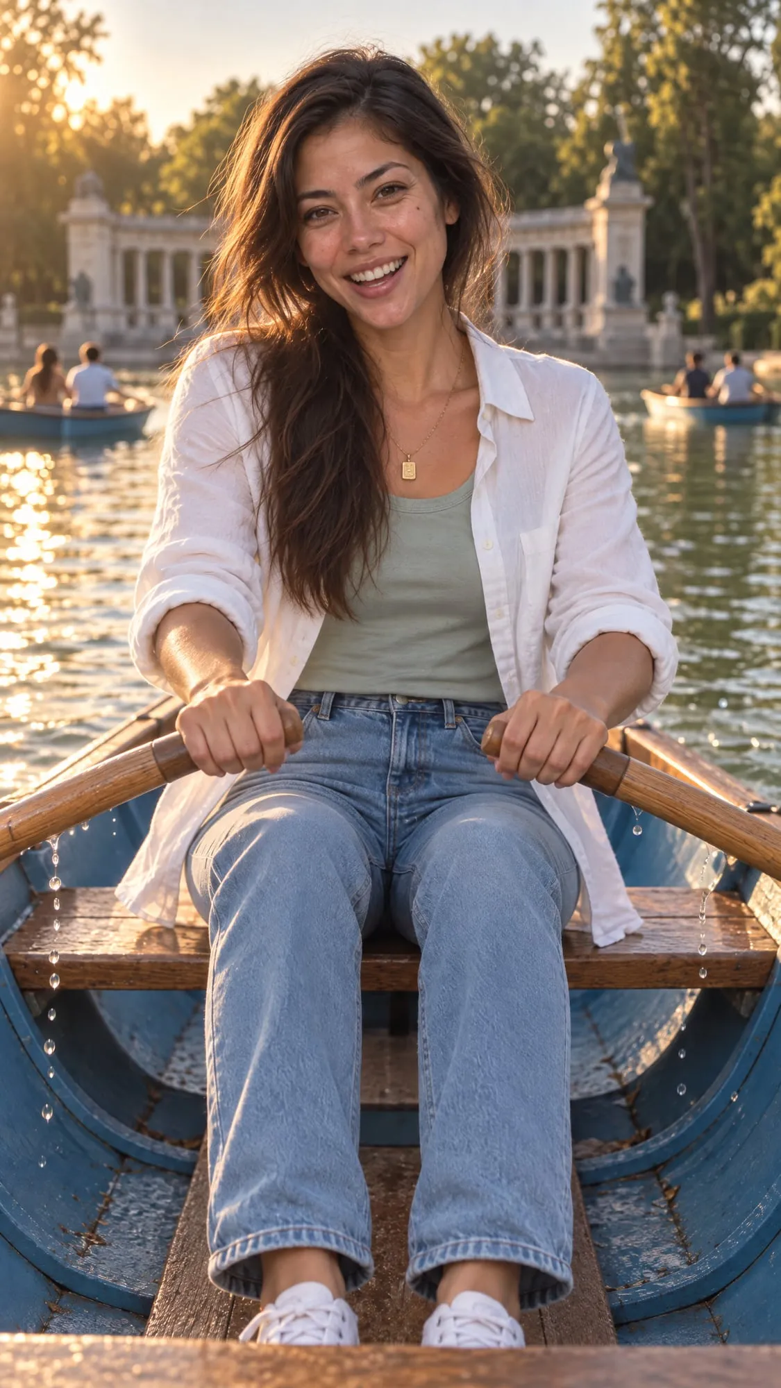 Pikul con los remos recogidos en la barca, riéndose con la cara al sol