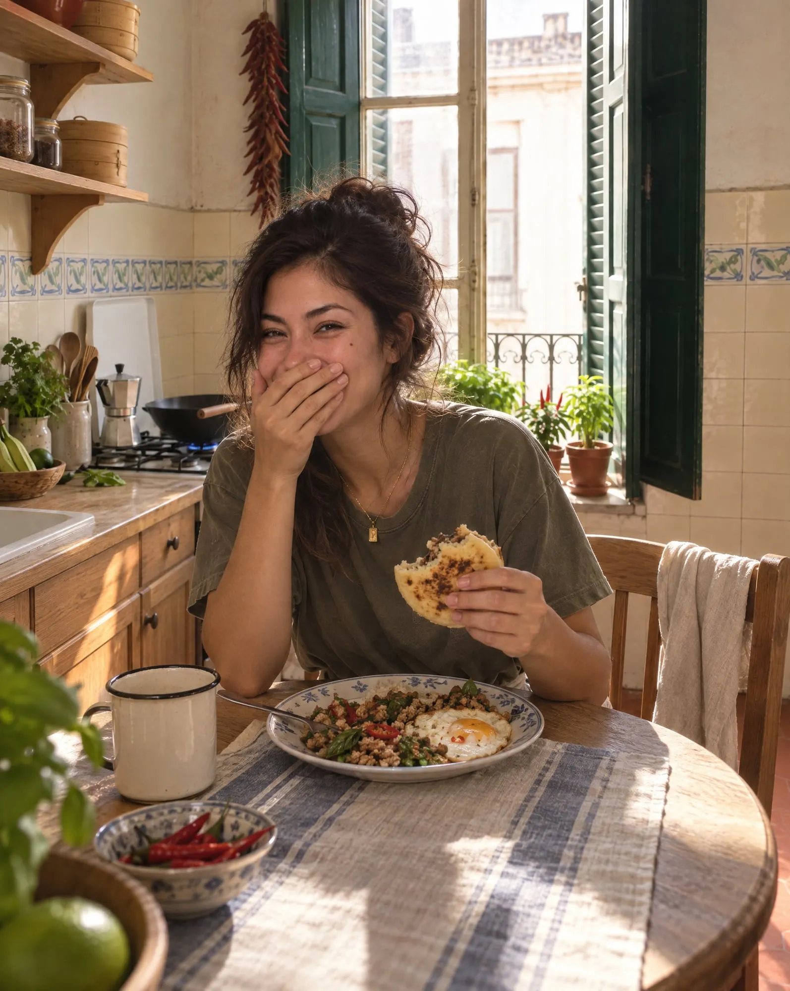 Pikul laughing while eating at her little round table